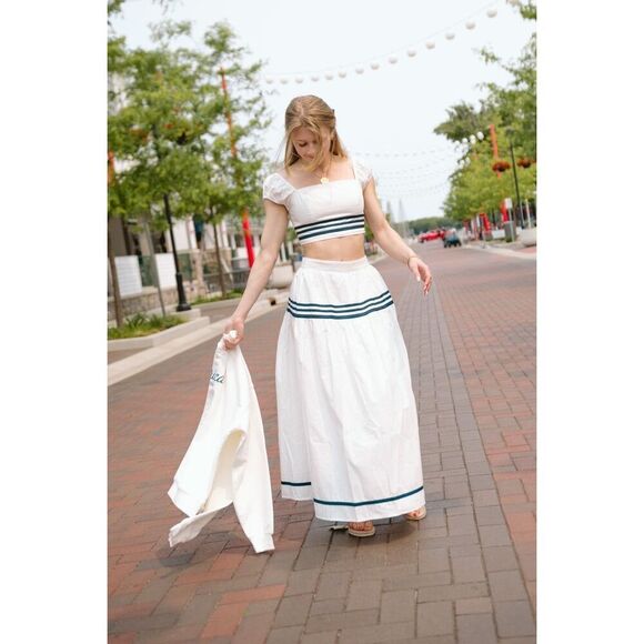 Moon River Stripe Shirred Crop Top & Midi Skirt Set NWT Size S 2-Piece Outfit - Picture 1 of 7
